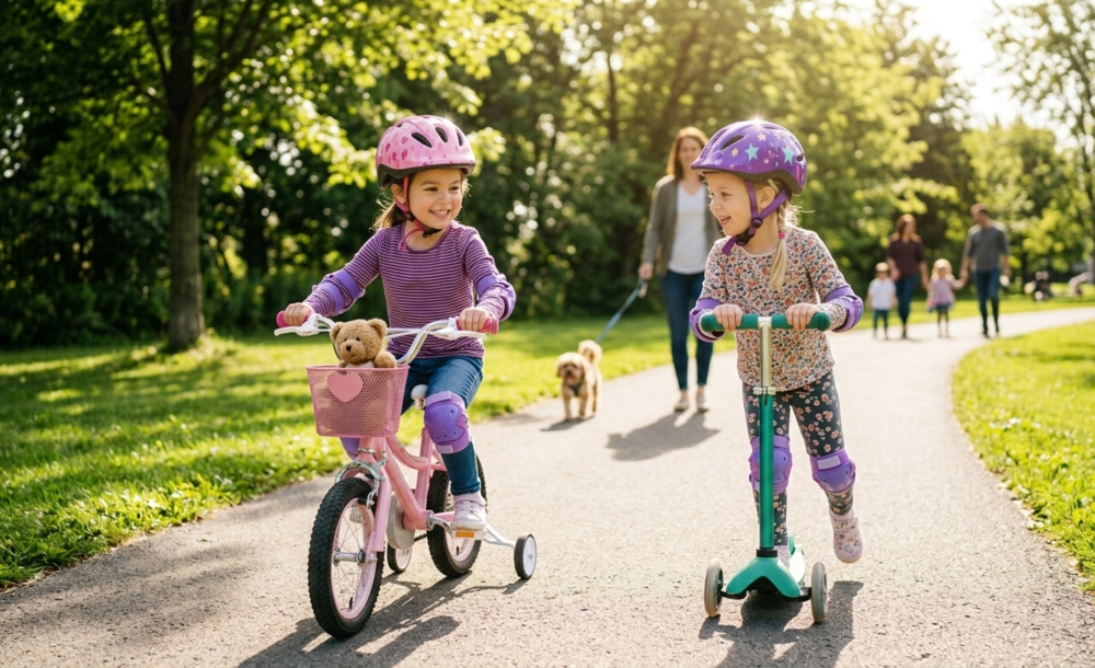 Девочки в шлеме катаются на трехколесном самокате и розовом велосипеде по дорожке в парке