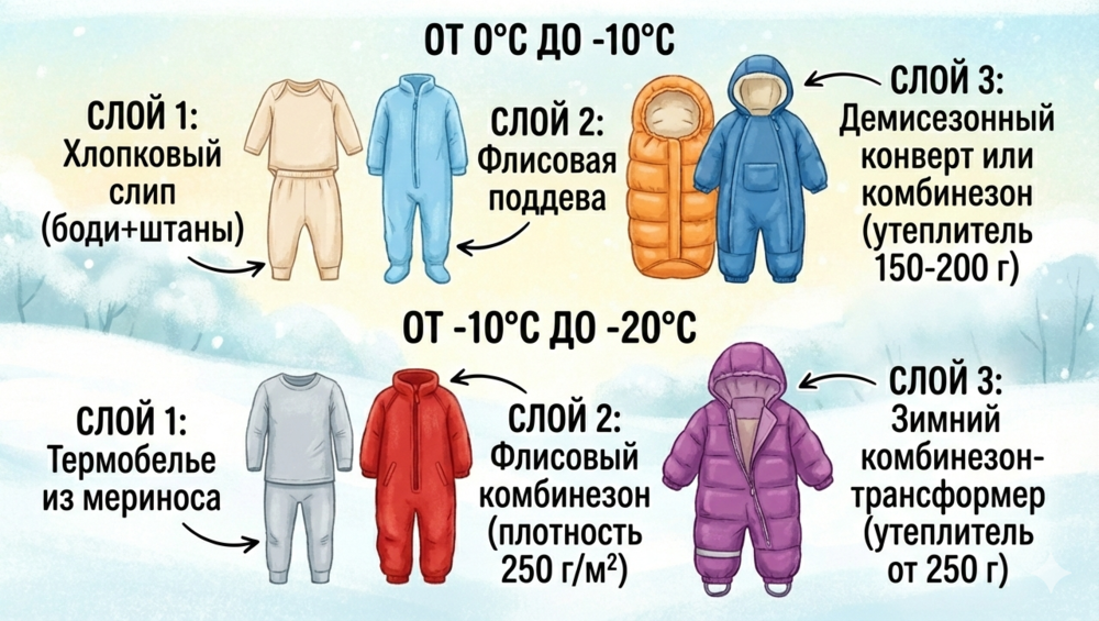 Подборка предметов детской зимней одежды для новорожденного: термобелье, флисовый комбинезон и верхний комбинезон.