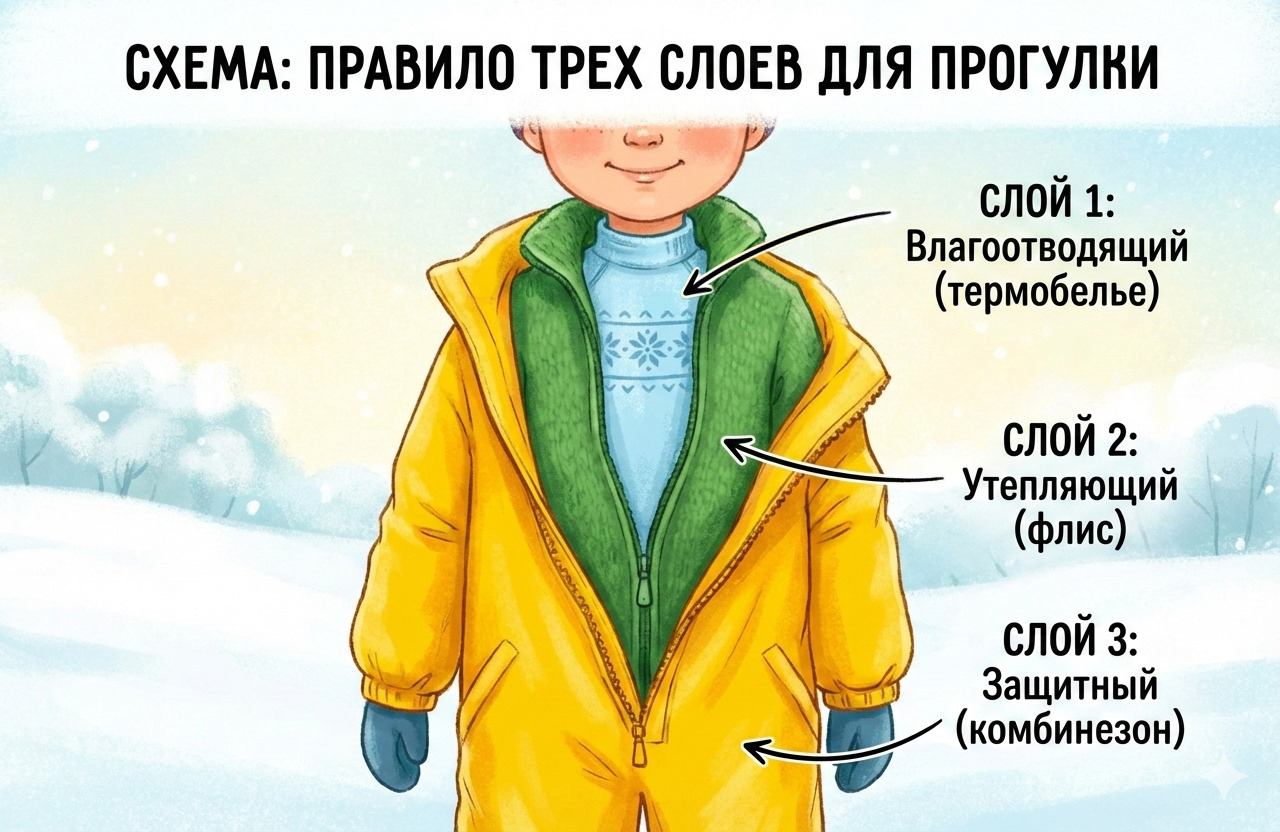 Наглядная схема принципа работы трех слоев зимней одежды для ребенка: влагоотведение, термоизоляция и внешняя защита.