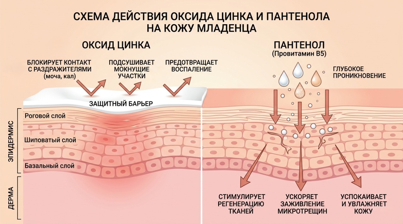 Схема работы оксида цинка и пантенола на коже младенца под подгузником: цинк создает барьер на поверхности, пантенол проникает вглубь для регенерации